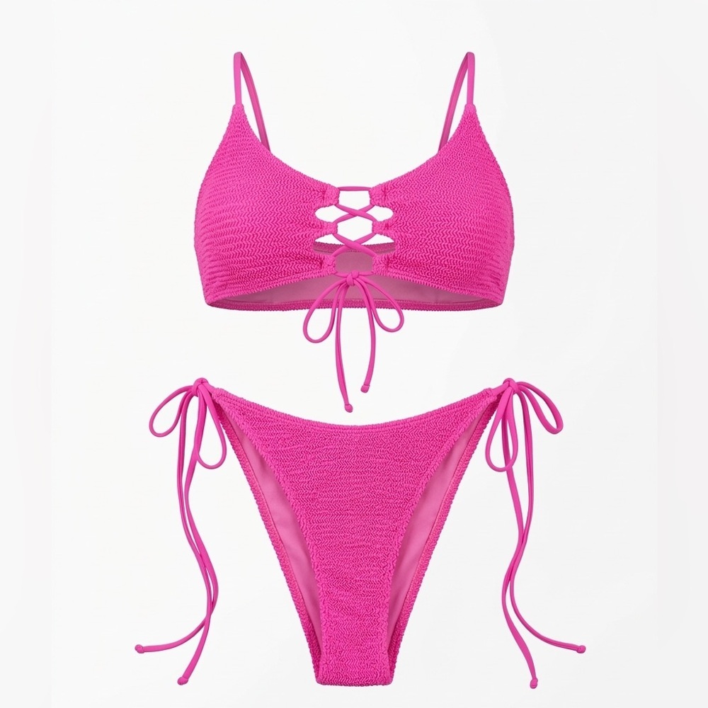 Hot Pink Lace-Up Textured Bikini Set